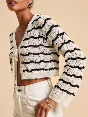 Women's Casual Solid Color Textured Hollow Out Knit Cardigan