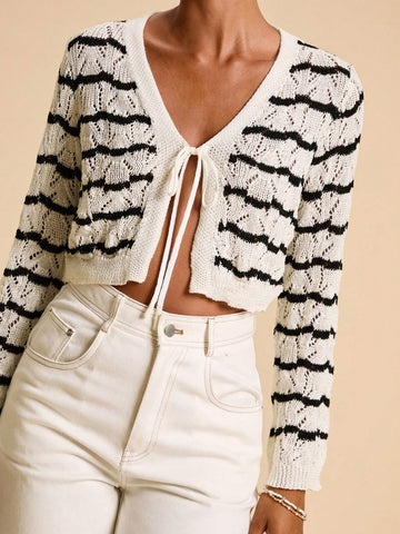 Women's Casual Solid Color Textured Hollow Out Knit Cardigan