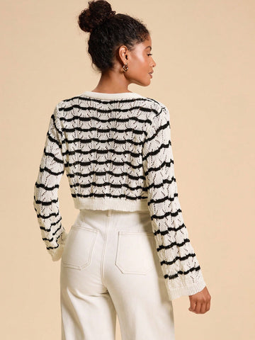 Women's Casual Solid Color Textured Hollow Out Knit Cardigan