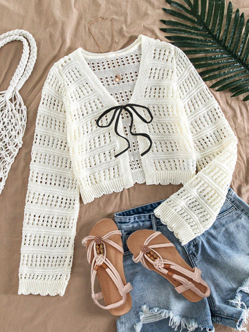 Women's Casual Solid Color Textured Hollow Out Knit Cardigan