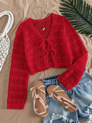 Women's Casual Solid Color Textured Hollow Out Knit Cardigan