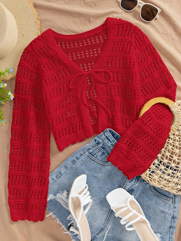 Women's Casual Solid Color Textured Hollow Out Knit Cardigan