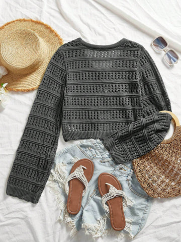 Women's Casual Solid Color Textured Hollow Out Knit Cardigan