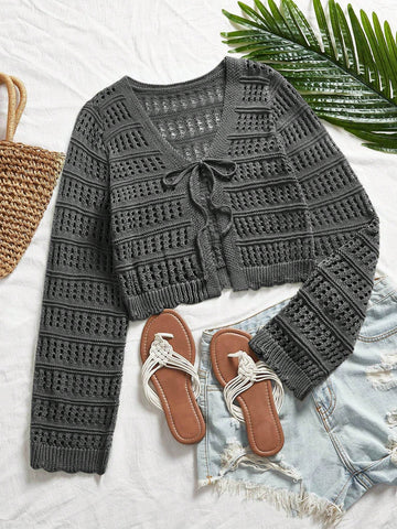 Women's Casual Solid Color Textured Hollow Out Knit Cardigan