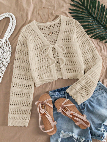 Women's Casual Solid Color Textured Hollow Out Knit Cardigan