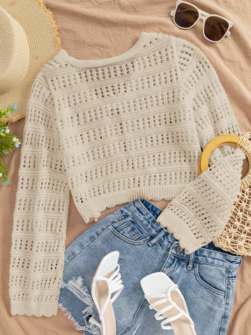 Women's Casual Solid Color Textured Hollow Out Knit Cardigan