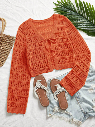 Women's Casual Solid Color Textured Hollow Out Knit Cardigan