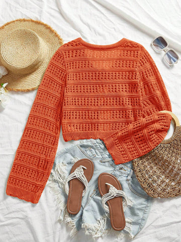 Women's Casual Solid Color Textured Hollow Out Knit Cardigan