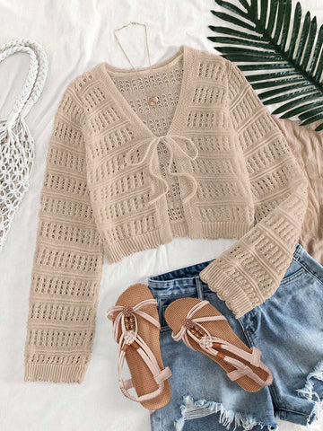 Women's Casual Solid Color Textured Hollow Out Knit Cardigan