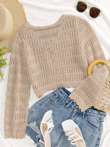 Women's Casual Solid Color Textured Hollow Out Knit Cardigan