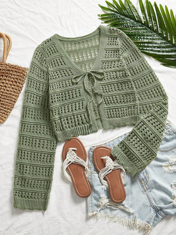 Women's Casual Solid Color Textured Hollow Out Knit Cardigan