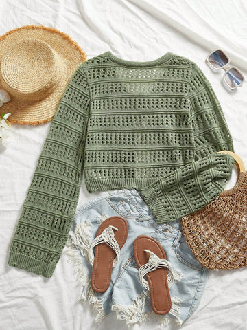 Women's Casual Solid Color Textured Hollow Out Knit Cardigan