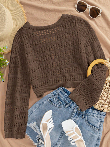Women's Casual Solid Color Textured Hollow Out Knit Cardigan