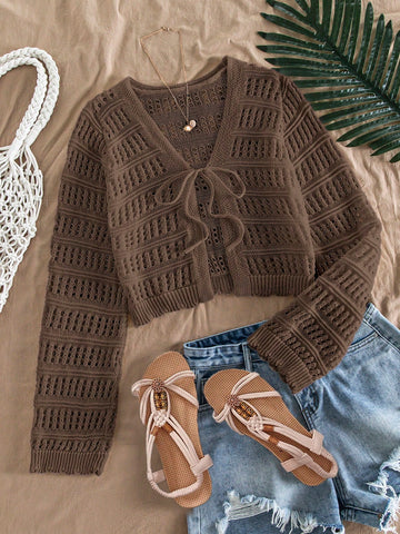 Women's Casual Solid Color Textured Hollow Out Knit Cardigan