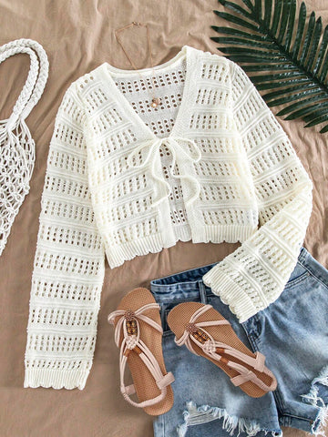 Women's Casual Solid Color Textured Hollow Out Knit Cardigan