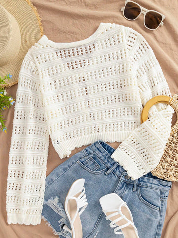 Women's Casual Solid Color Textured Hollow Out Knit Cardigan