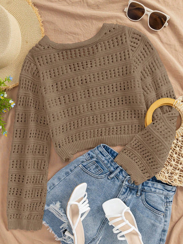 Women's Casual Solid Color Textured Hollow Out Knit Cardigan