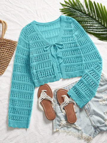 Women's Casual Solid Color Textured Hollow Out Knit Cardigan