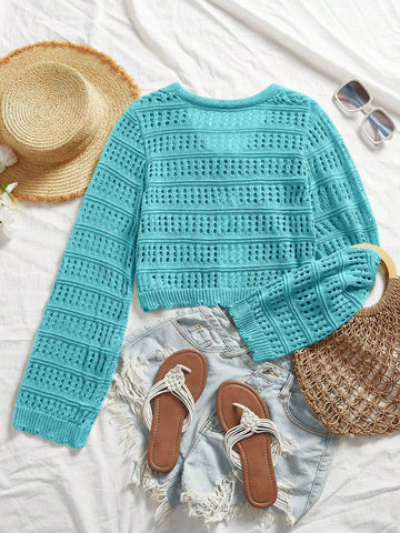 Women's Casual Solid Color Textured Hollow Out Knit Cardigan