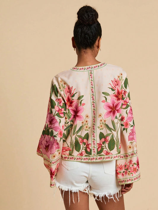 Travachic Woven Print Long Sleeve Cropped Loose Fit Women Shirt