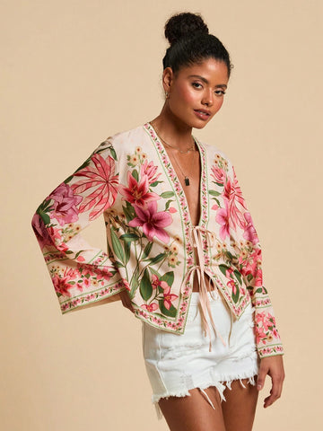 Travachic Woven Print Long Sleeve Cropped Loose Fit Women Shirt