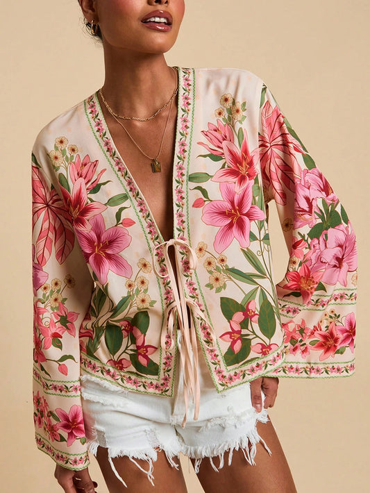 Travachic Woven Print Long Sleeve Cropped Loose Fit Women Shirt
