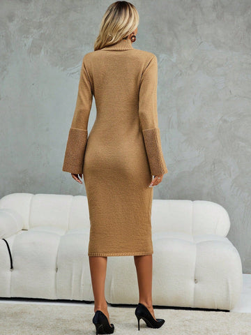 Turtleneck Trumpet Sleeve Sweater Dress Without Belt