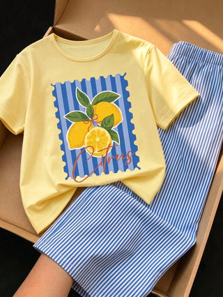 Short Sleeve Top Paired With Vertical Striped Long Pant
