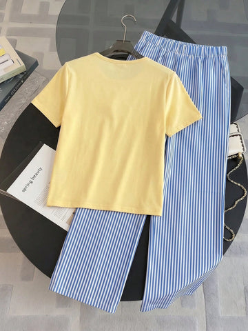 Short Sleeve Top Paired With Vertical Striped Long Pant