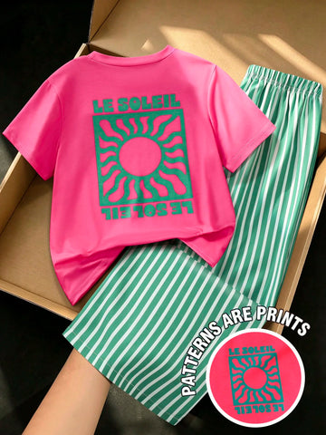 Short Sleeve Top Paired With Vertical Striped Long Pant