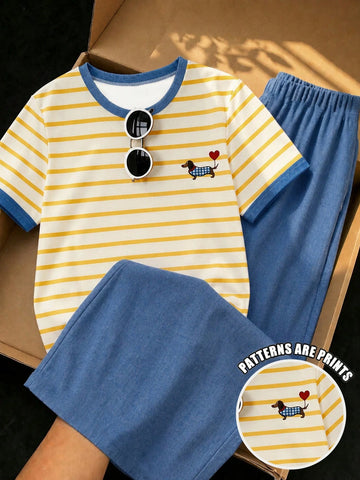 Short Sleeve Top Paired With Vertical Striped Long Pant