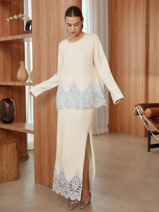 Unique & Gorgeous Lace Patchwork Long Sleeve Top And High Slit Skirt