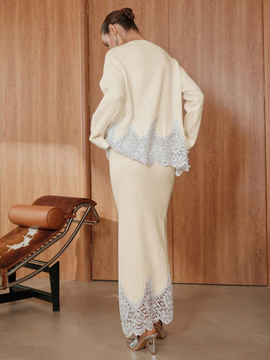 Unique & Gorgeous Lace Patchwork Long Sleeve Top And High Slit Skirt