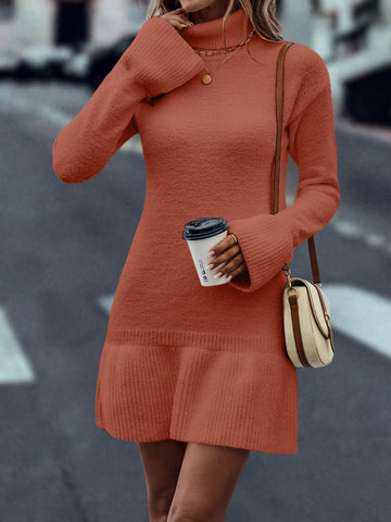 Unity Turtleneck Flounce Cuff Ruffle Hem Sweater Dress