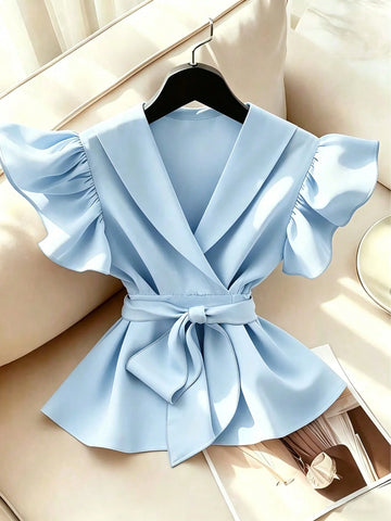 Elegant V-Neck Solid Color Ruffle Sleeve Tie Waist Shirt With Sash