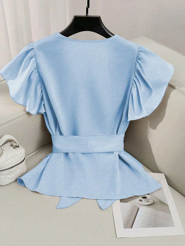 Elegant V-Neck Solid Color Ruffle Sleeve Tie Waist Shirt With Sash
