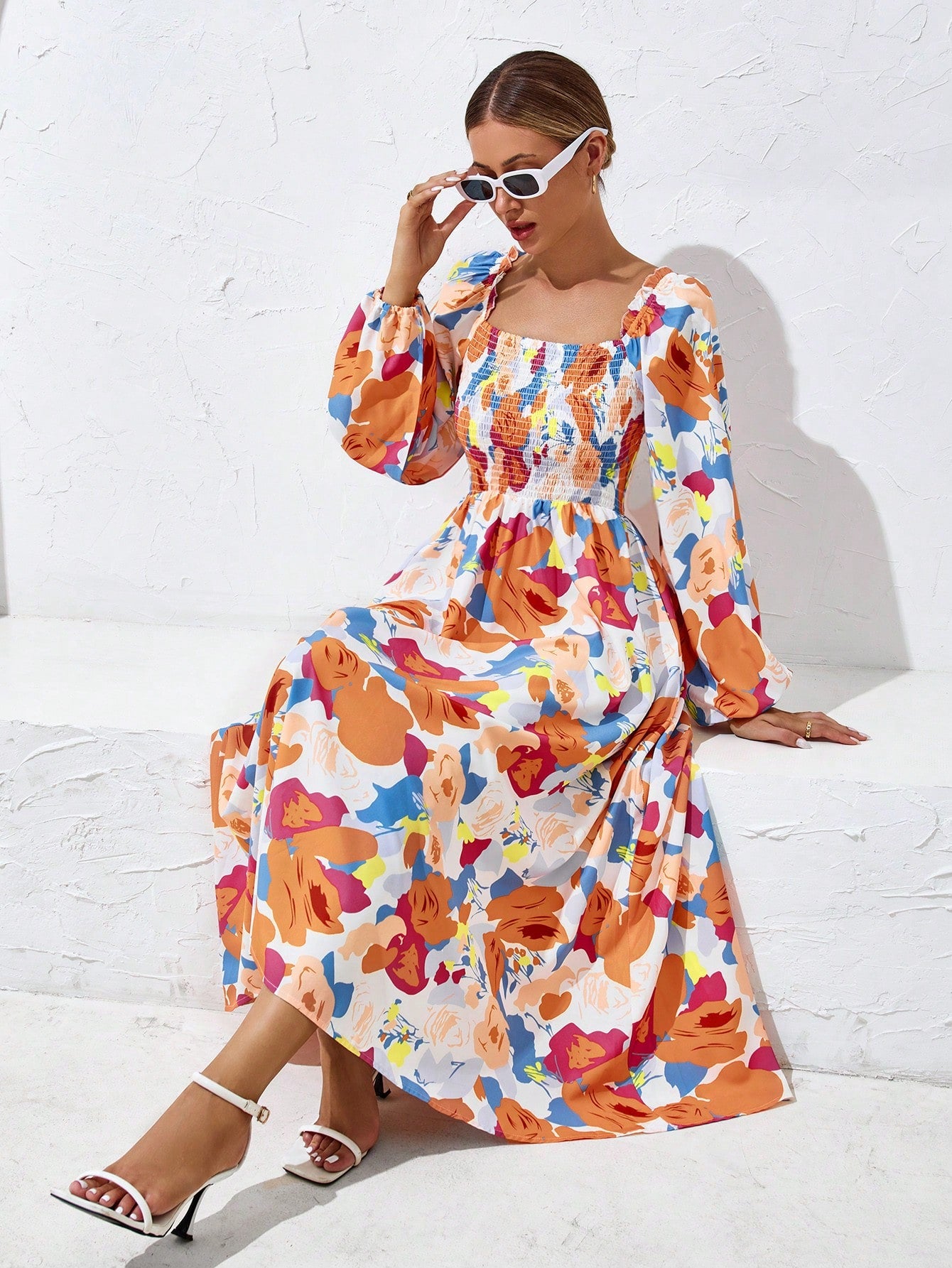 VCAY Floral Print Shirred Bishop Sleeve Square Neck A-line Dress