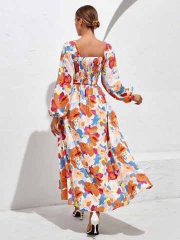 VCAY Floral Print Shirred Bishop Sleeve Square Neck A-line Dress