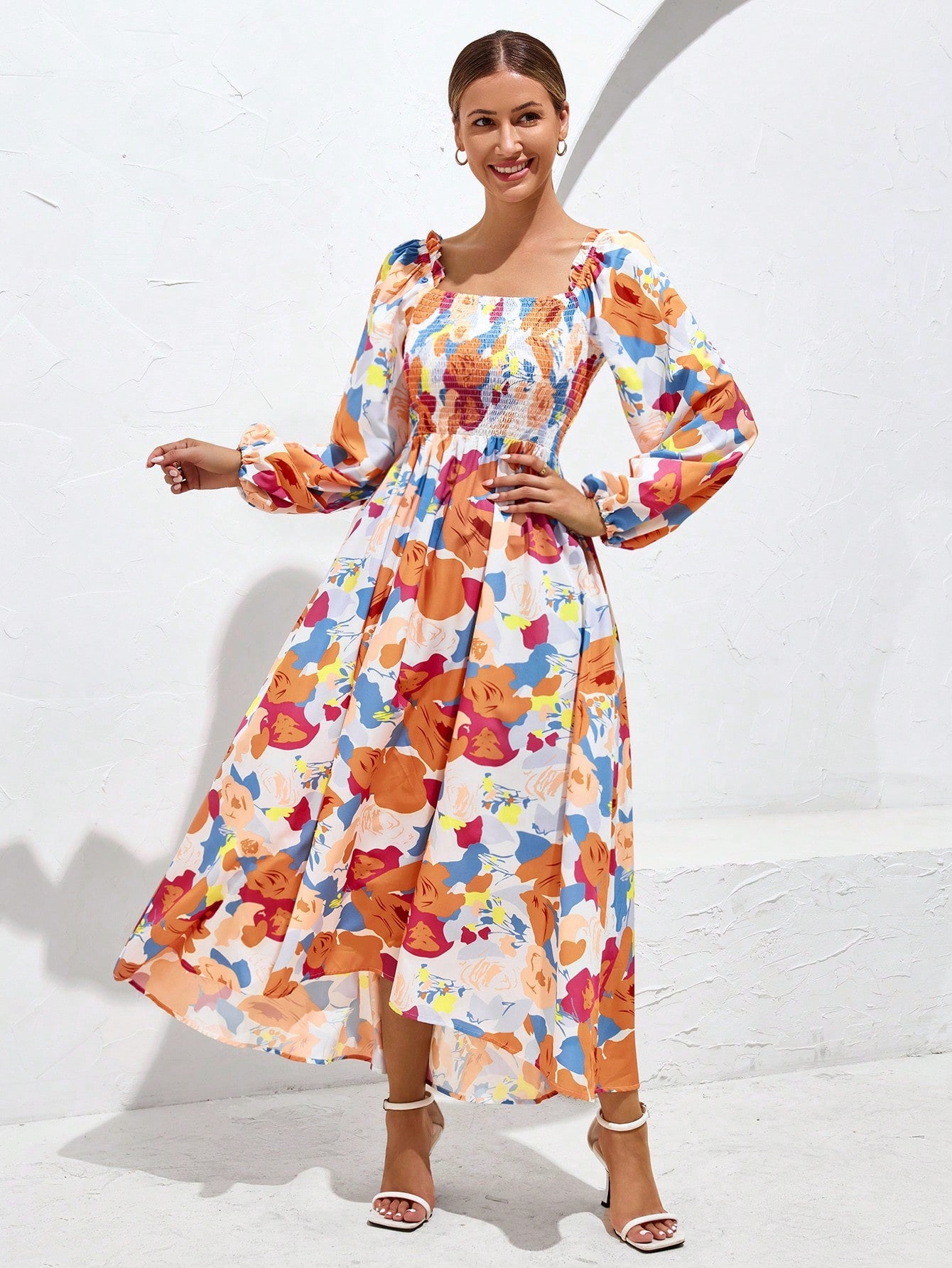 VCAY Floral Print Shirred Bishop Sleeve Square Neck A-line Dress