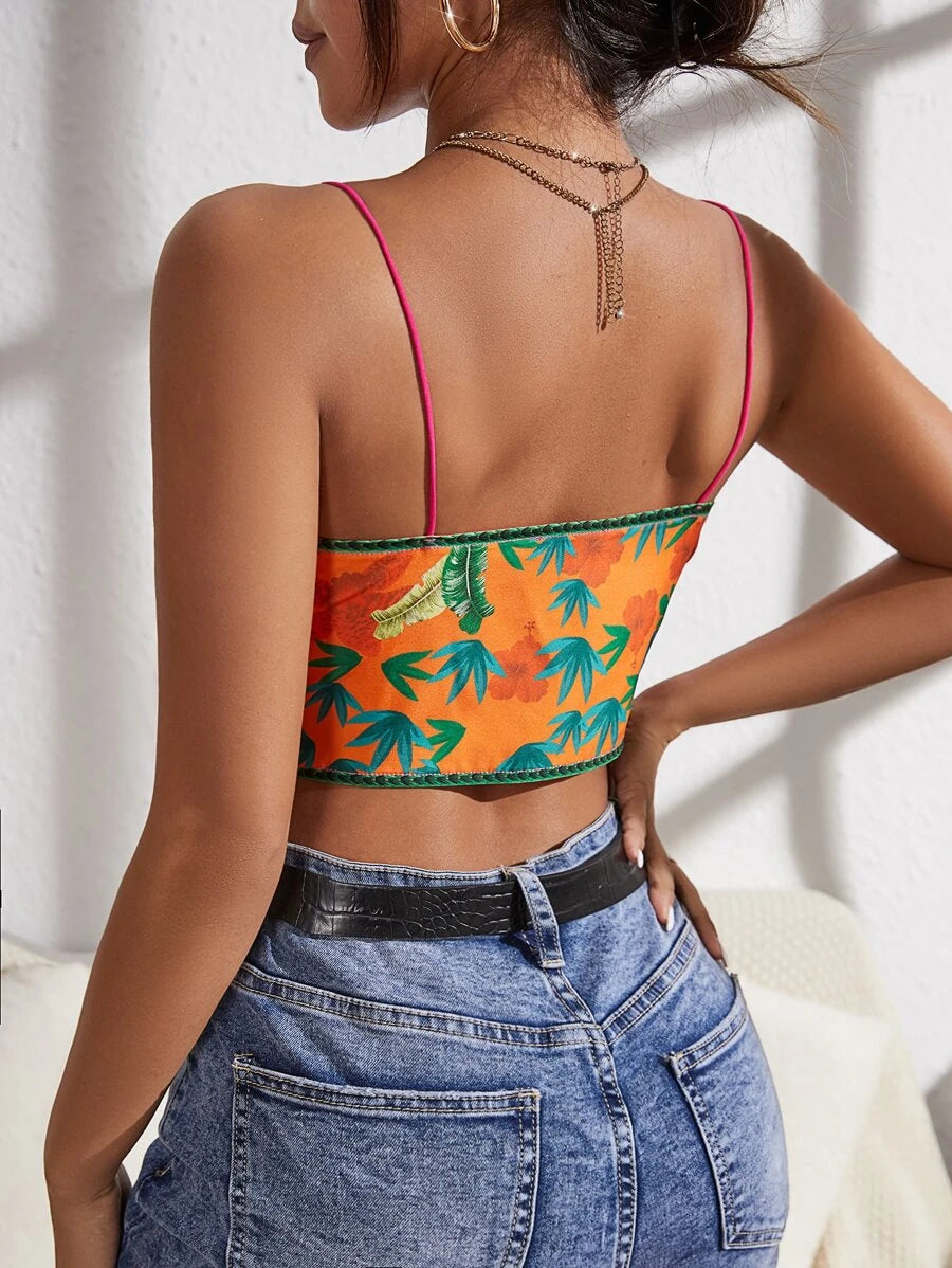 VCAY Tropical Print Tie Front Cami Top