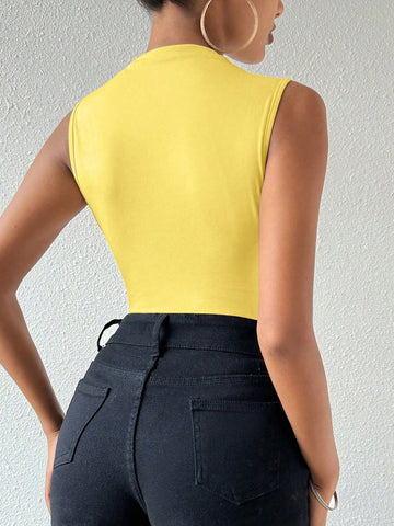 Unity Women's Stand Collar Tight-Fitting Pleated Sleeveless Bodysuit