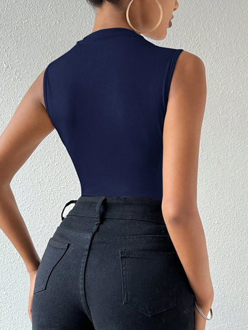Unity Women's Stand Collar Tight-Fitting Pleated Sleeveless Bodysuit