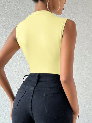Unity Women's Stand Collar Tight-Fitting Pleated Sleeveless Bodysuit