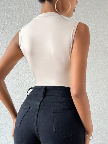 Unity Women's Stand Collar Tight-Fitting Pleated Sleeveless Bodysuit