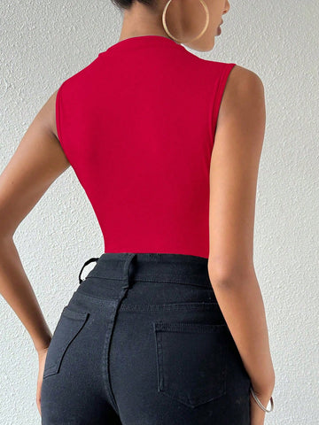 Unity Women's Stand Collar Tight-Fitting Pleated Sleeveless Bodysuit