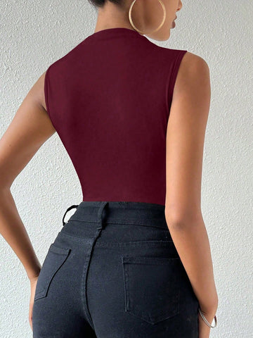 Unity Women's Stand Collar Tight-Fitting Pleated Sleeveless Bodysuit