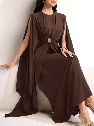 Solid Color Metal Decor Knot Pleated Super Long Split Sleeve Cinched Waist Dress