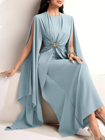 Solid Color Metal Decor Knot Pleated Super Long Split Sleeve Cinched Waist Dress