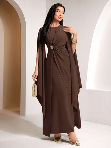 Solid Color Metal Decor Knot Pleated Super Long Split Sleeve Cinched Waist Dress