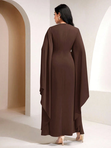 Solid Color Metal Decor Knot Pleated Super Long Split Sleeve Cinched Waist Dress